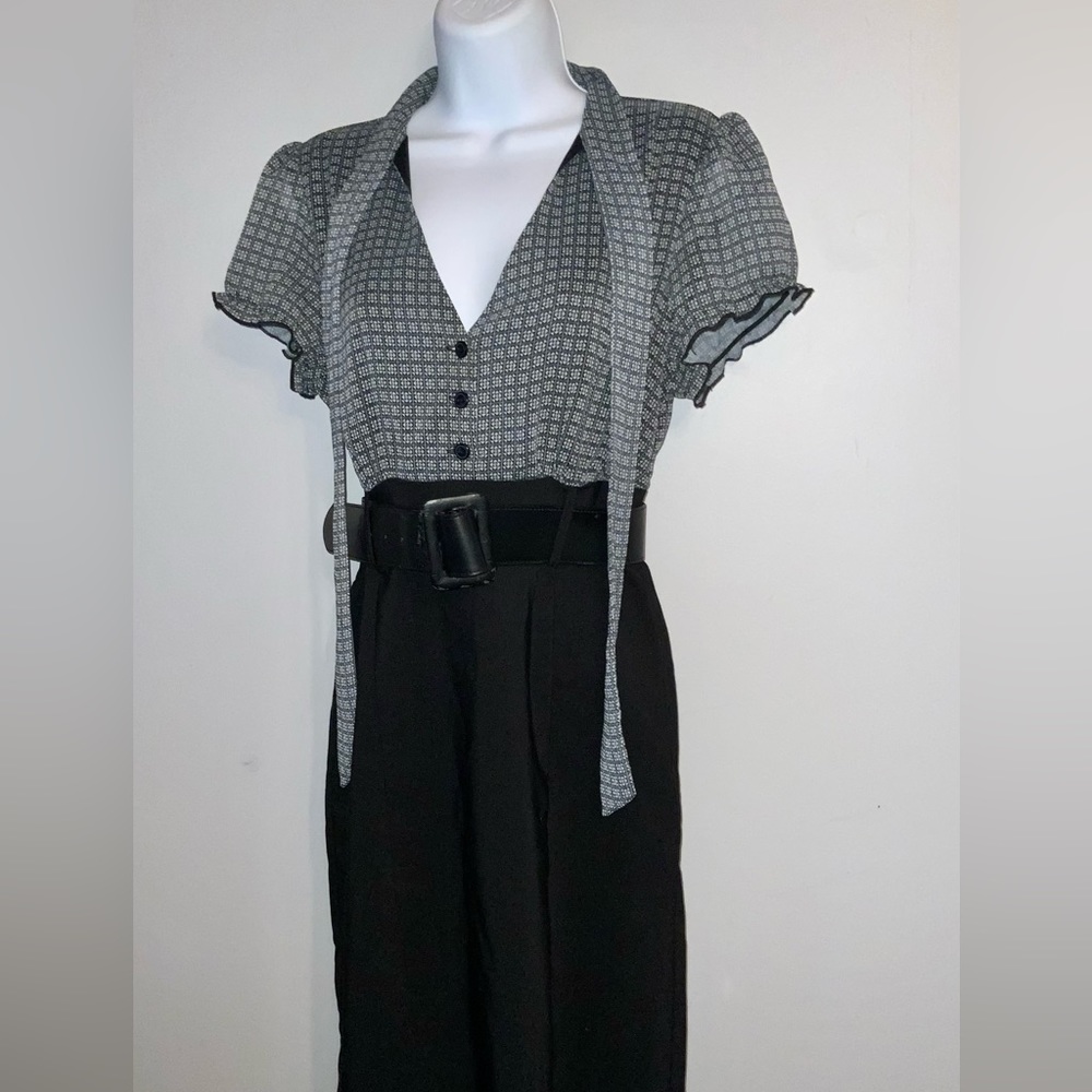 Preloved Y2K Era Chic Black & White Belted Secretary Dress Sz 13 Petite - Picture 4 of 5